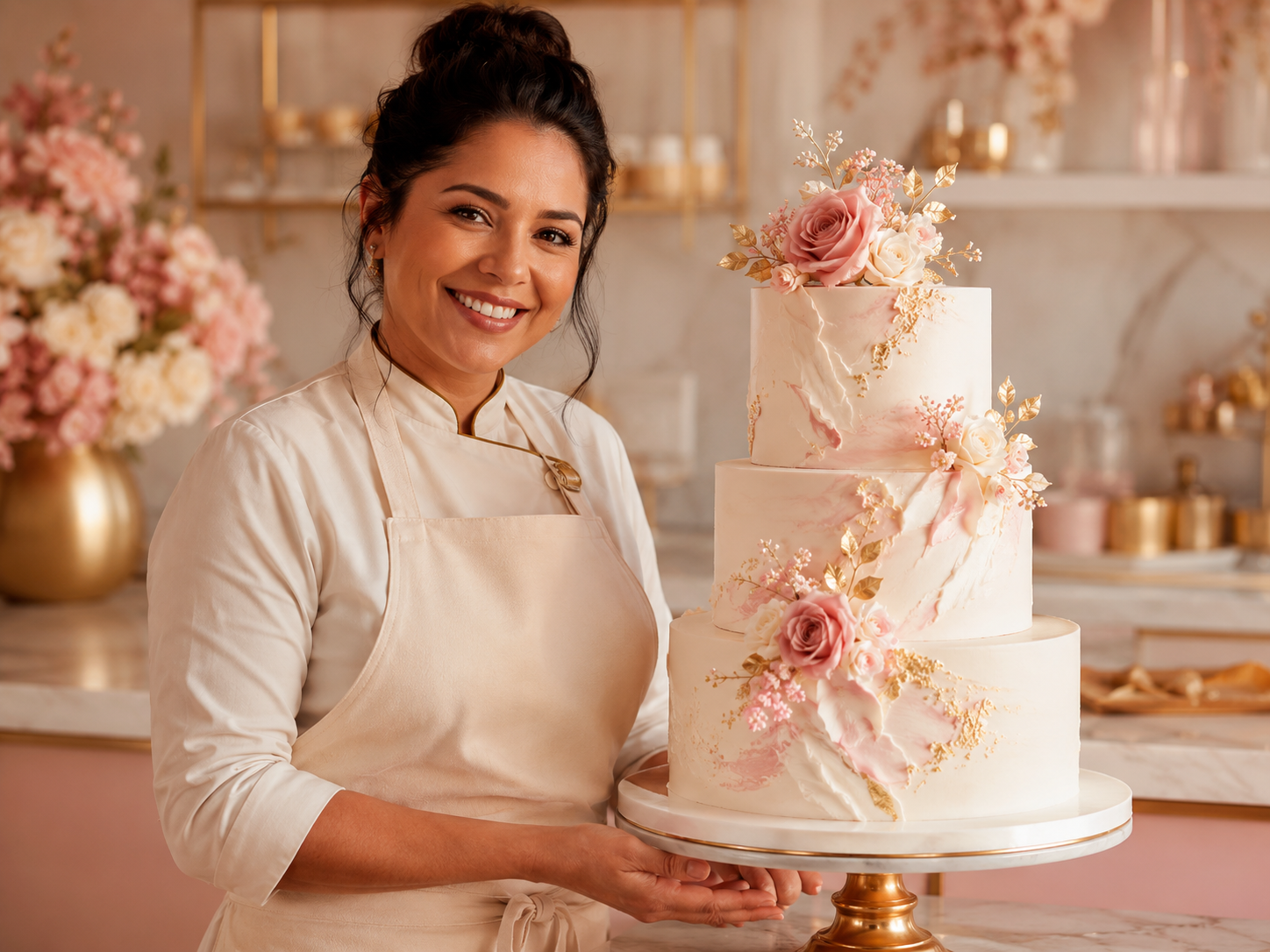 Confeiteira orgulhosa com um bolo de andar de casamento
