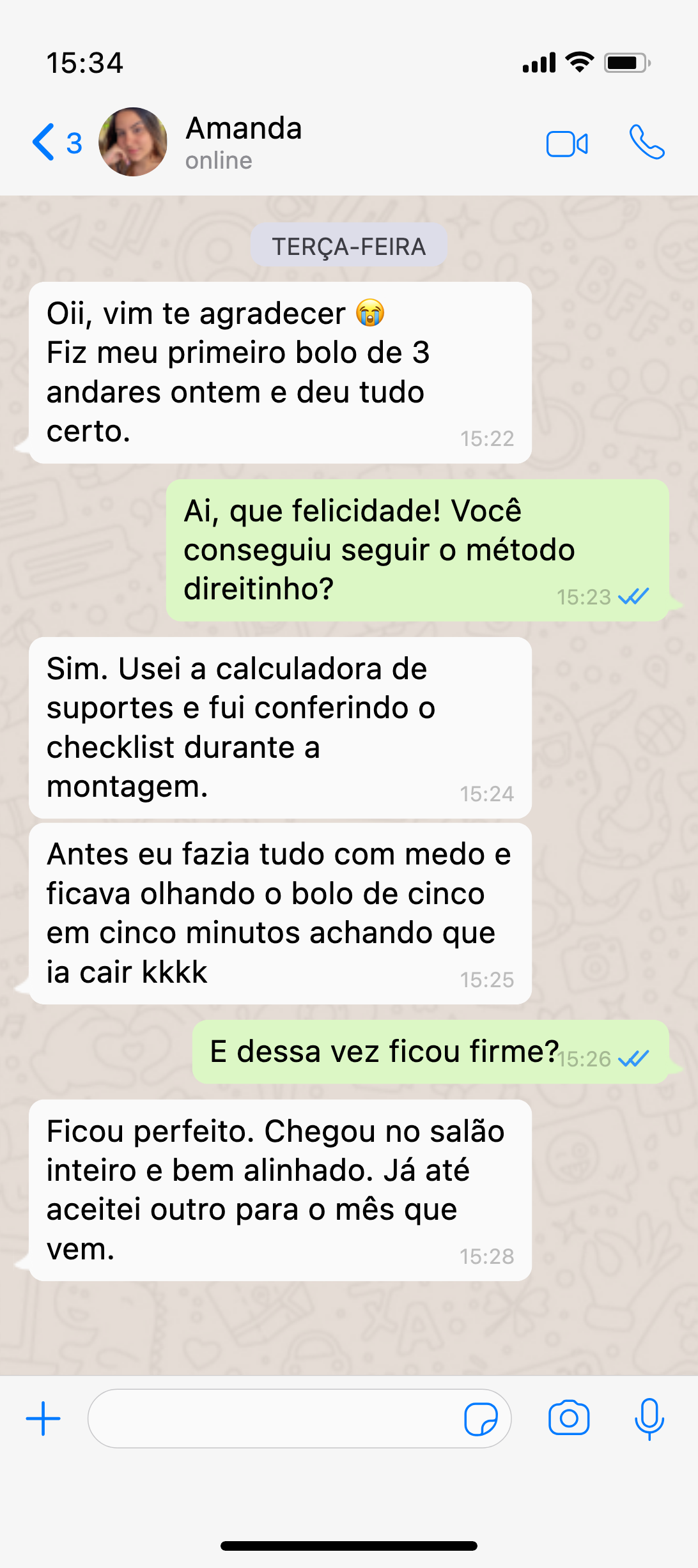 Depoimento de confeiteira no WhatsApp