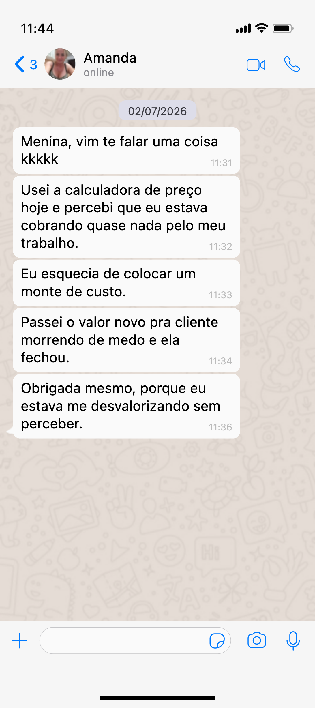 Depoimento de confeiteira no WhatsApp