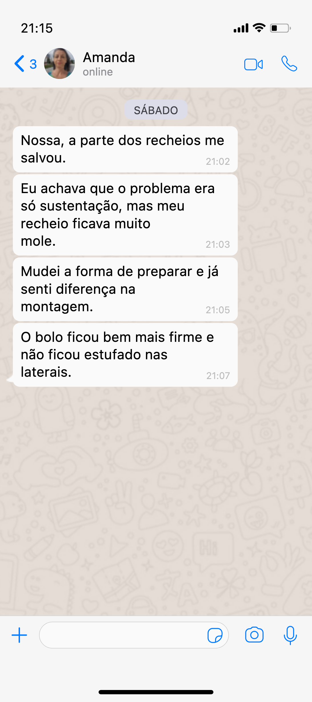 Depoimento de confeiteira no WhatsApp