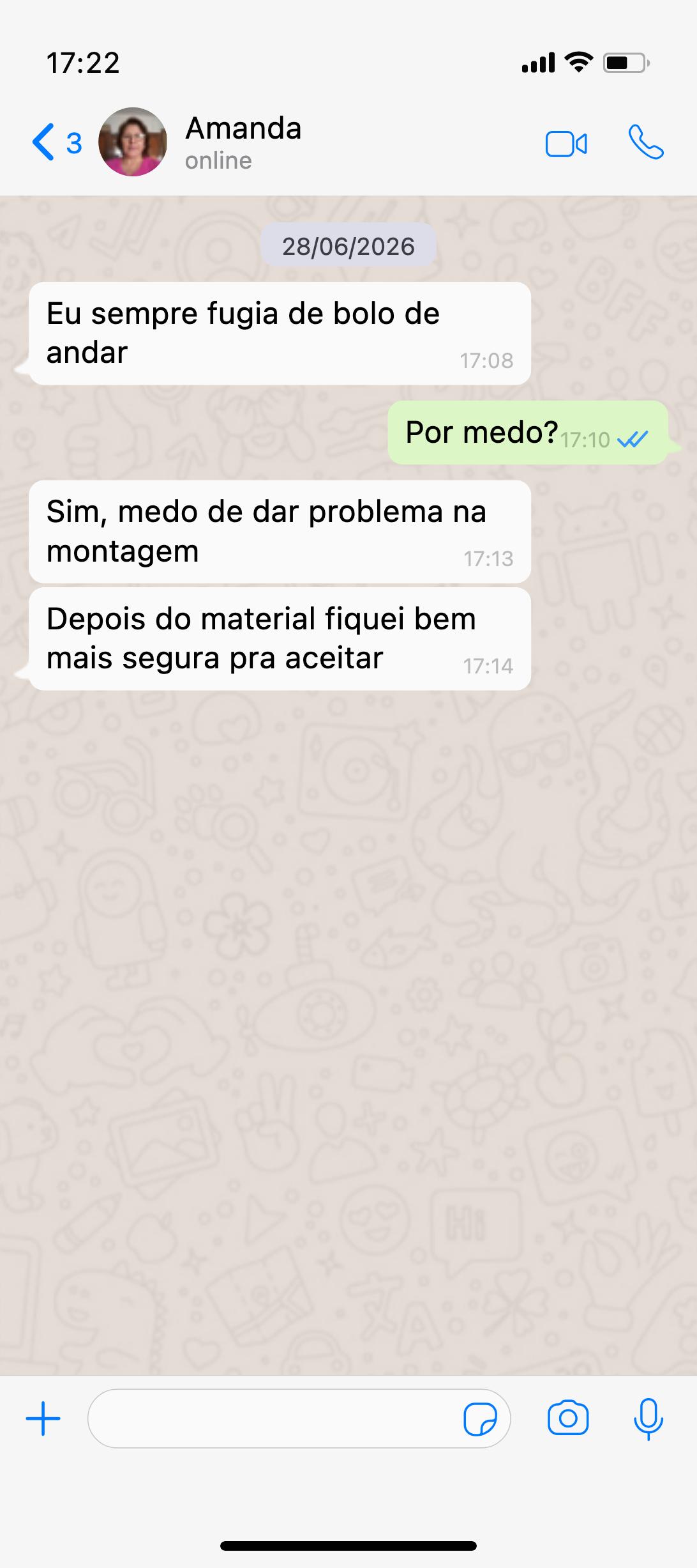 Depoimento de confeiteira no WhatsApp